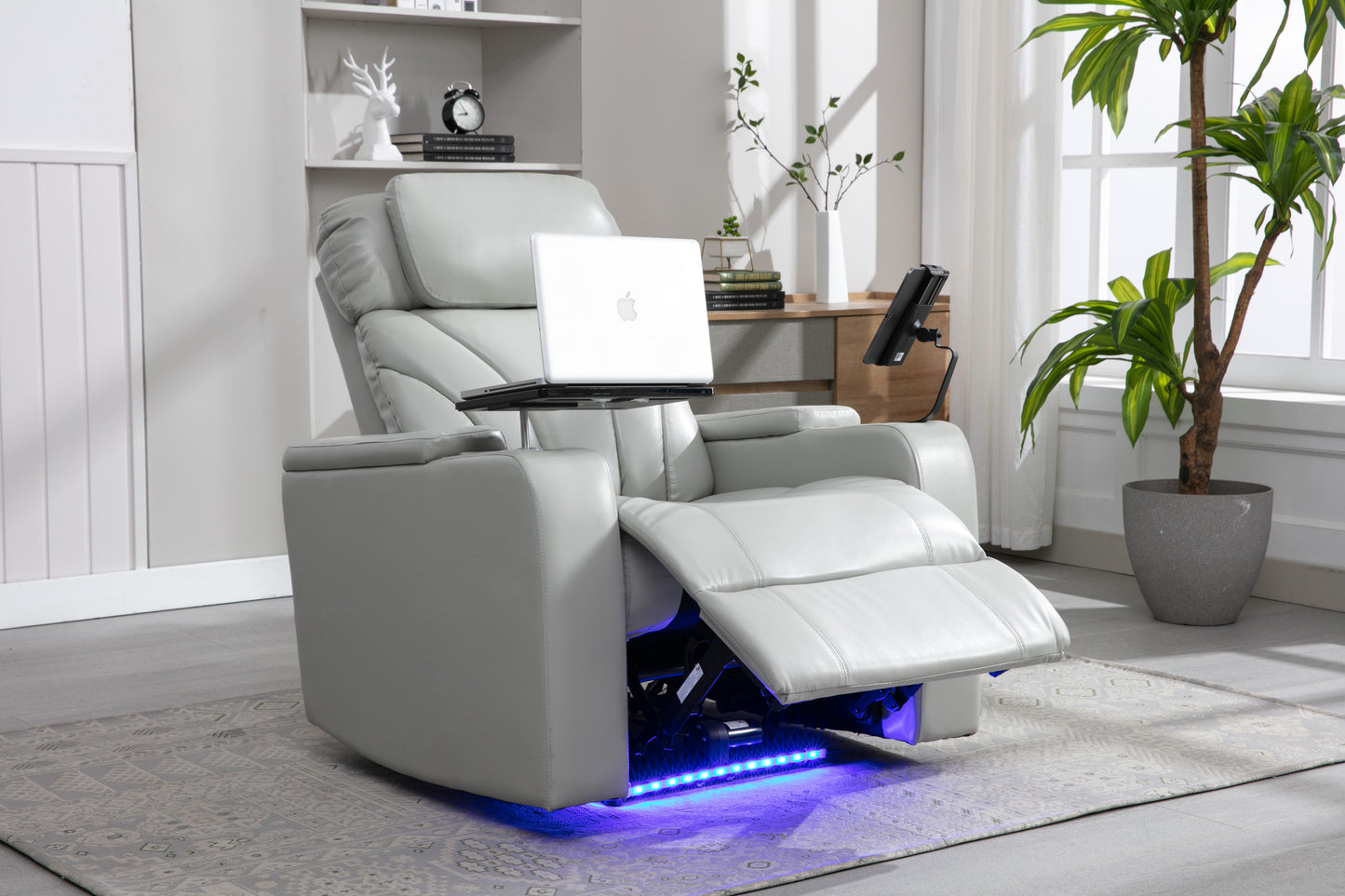 Ergonomic Power Motion Recliner with USB Charging and Hidden Storage, Home Theater Seating with Stereo and Cup Holder (Light Grey)