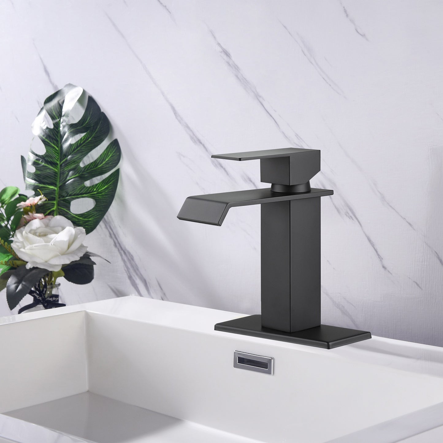 Single Handle Waterfall Spout Matte Black Bathroom Faucet