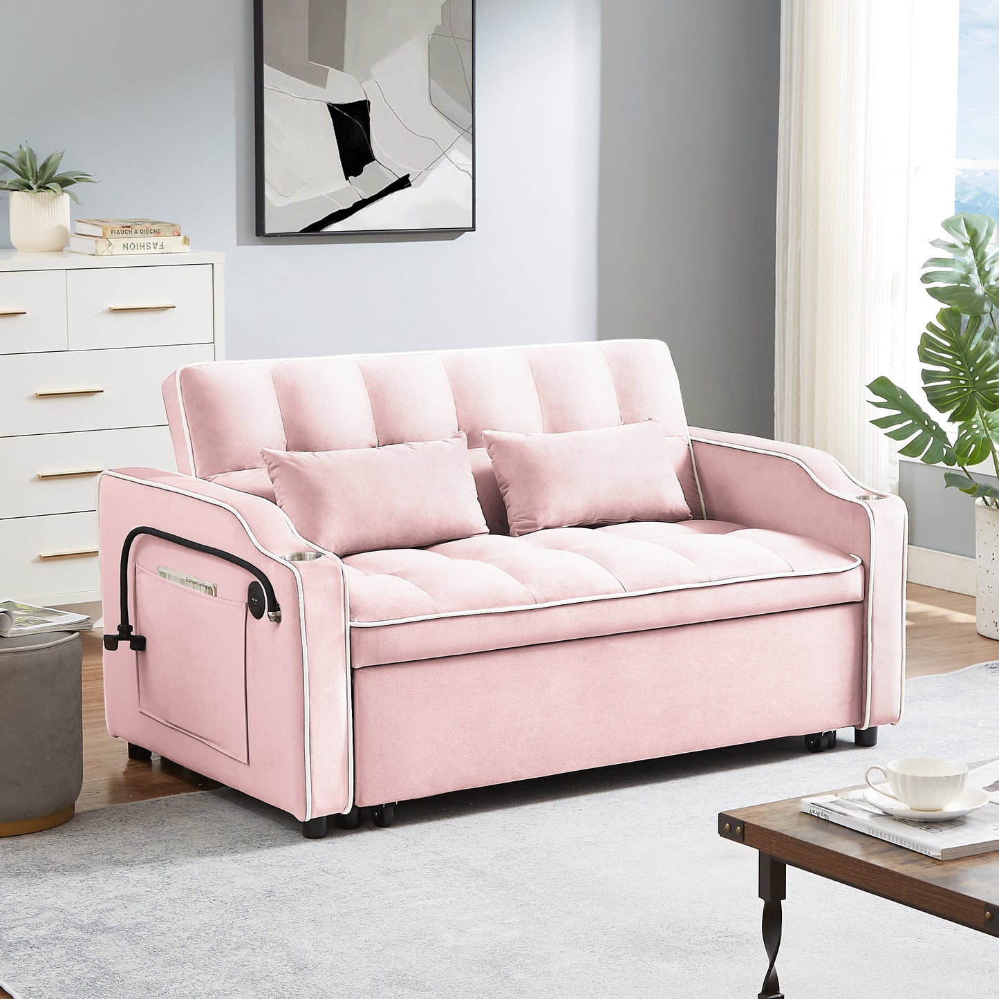 3-in-1 Versatile Pink Velvet Sofa Bed with Adjustable Back and USB Port