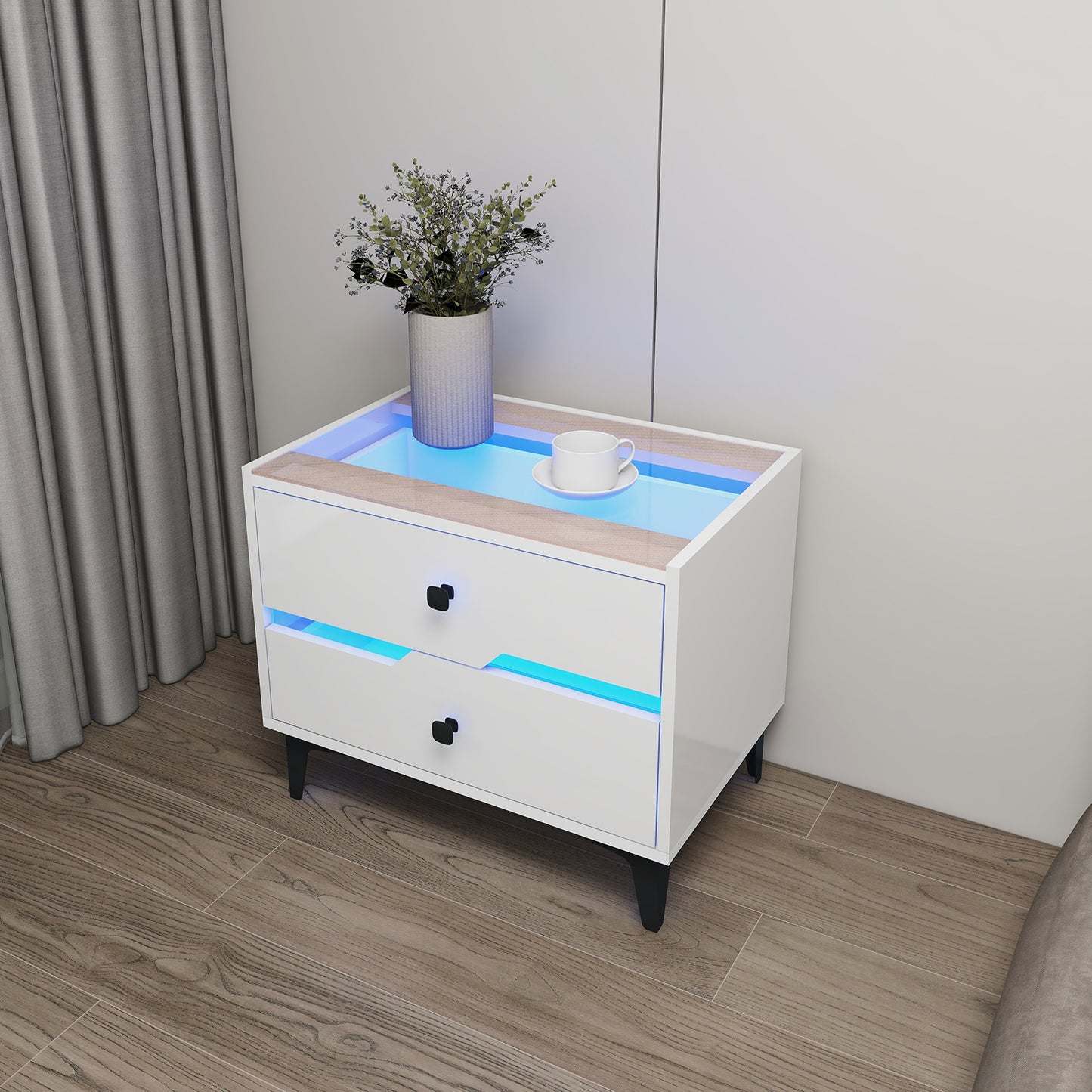 Smart Bedside Table, Nightstand with LED Light Nightstand Modern White High Gloss Bedside Table with 2 Storage Drawers for Bedroom Wooden Smart Side Table End Table with LED Lights (White)