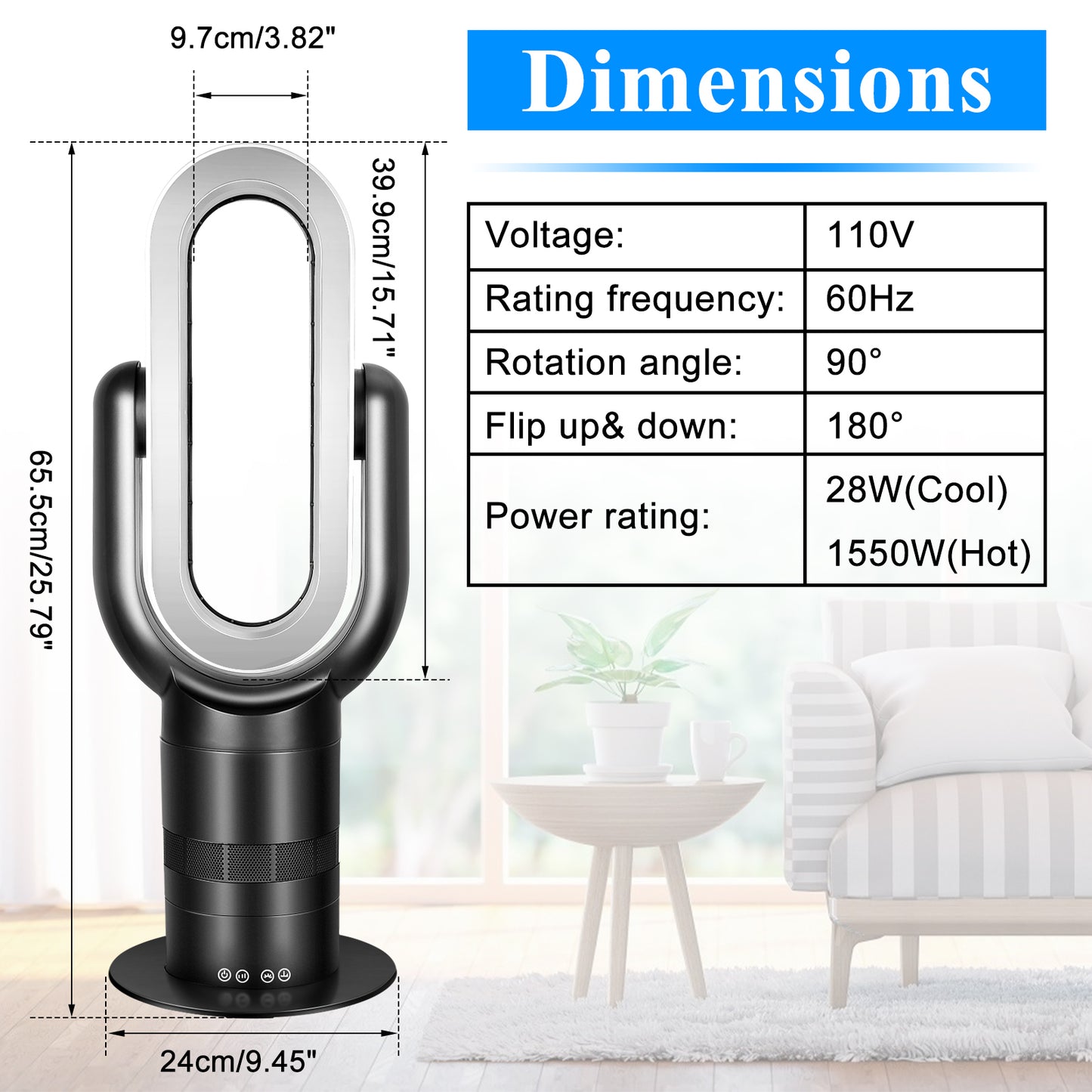 HealSmart 26-inch Bladeless Tower Fan Heater & Cooling Combo with Remote Control - Black