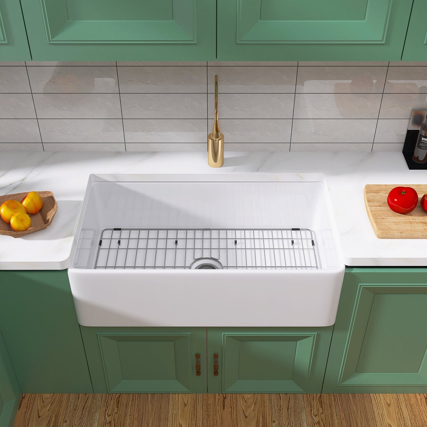 36 Inch Glossy White Fireclay Farmhouse Kitchen Sink with Bottom Grid and Drain