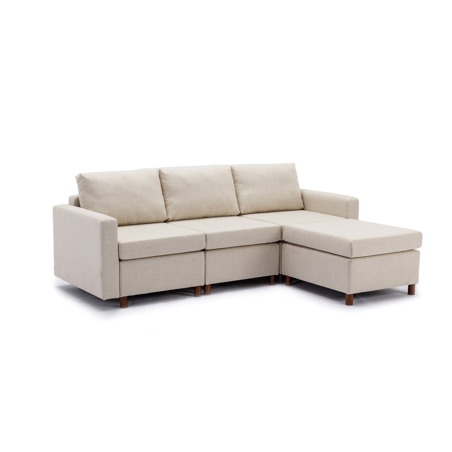 Cream 3-Seat Sectional Sofa Couch with Ottoman, High Quality Linen Cover, Sturdy Wood Frame