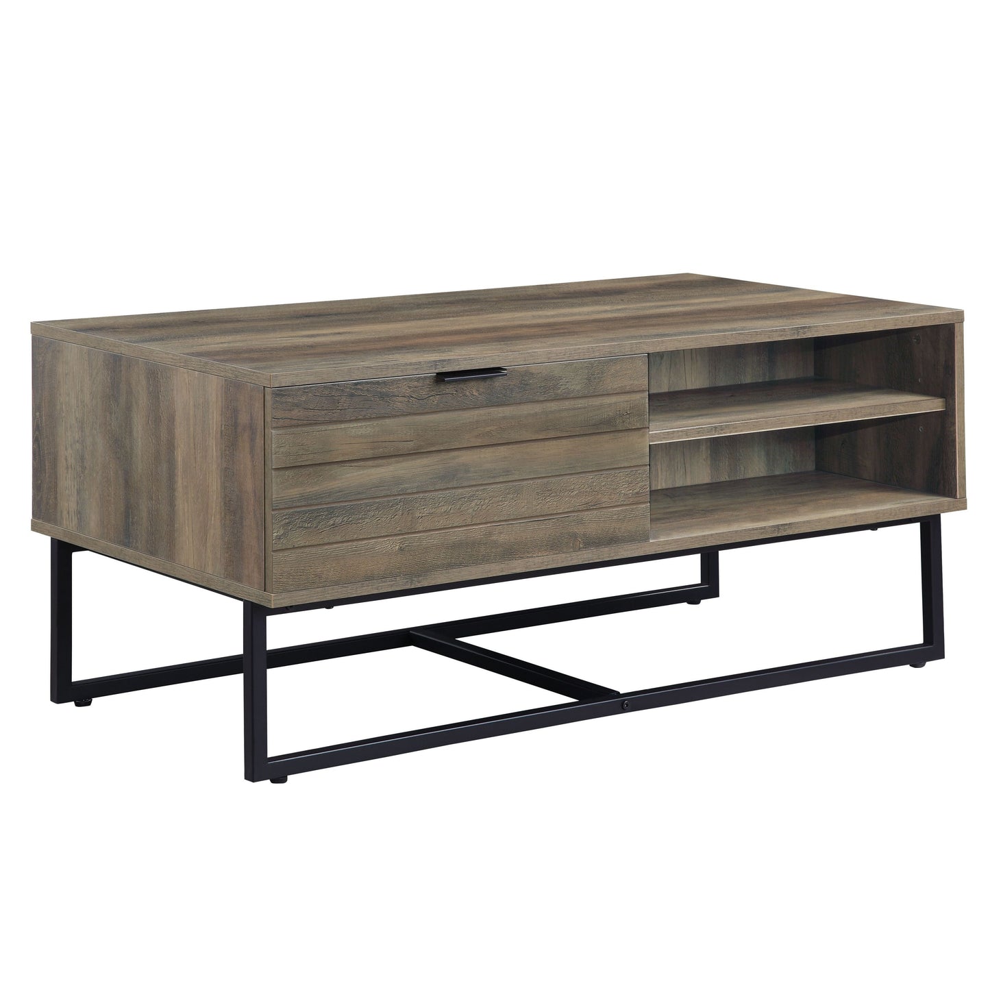 Rustic Oak Coffee Table with Black Accents and Industrial Metal Legs