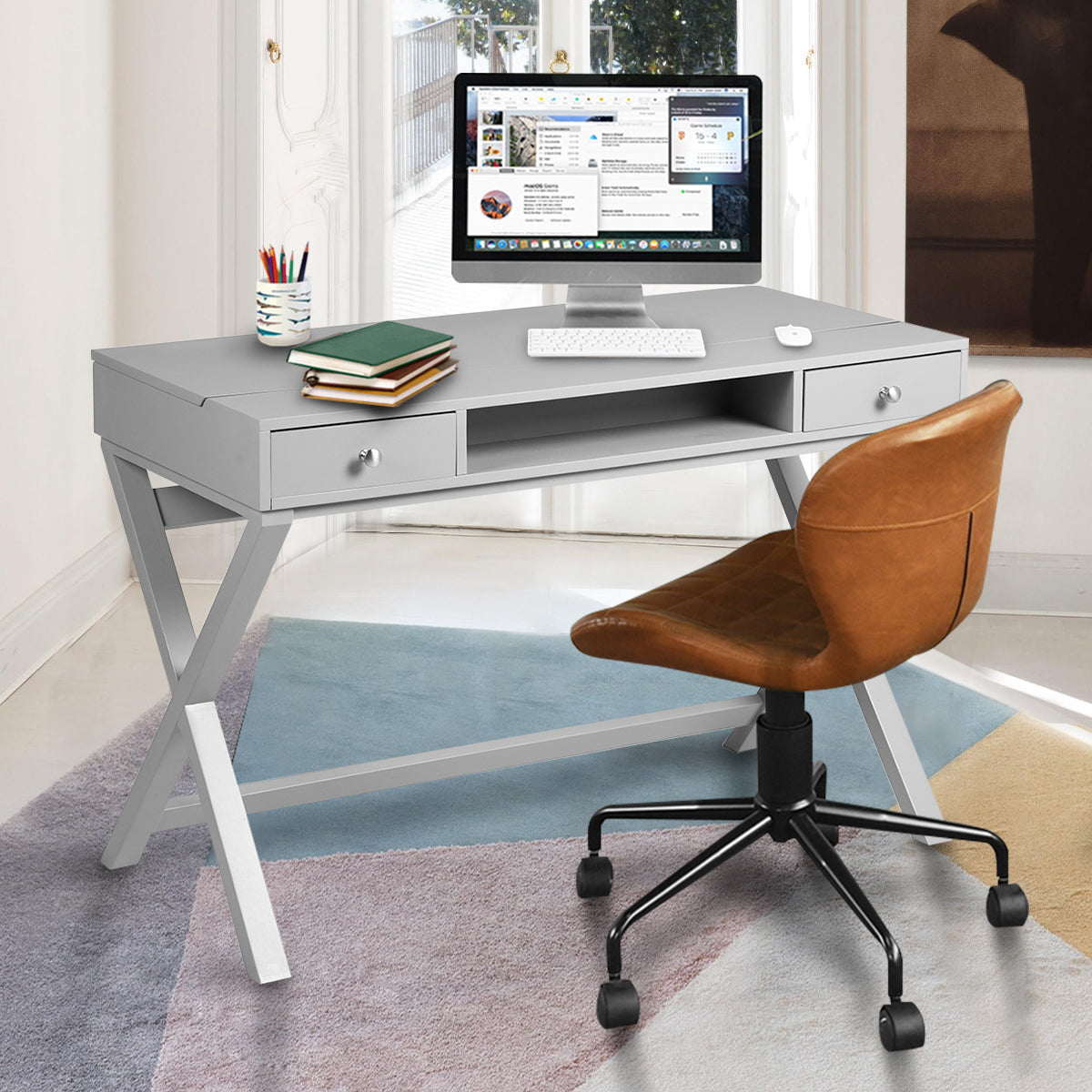 Adjustable Lift Desk with Farmhouse Style and Storage, Grey