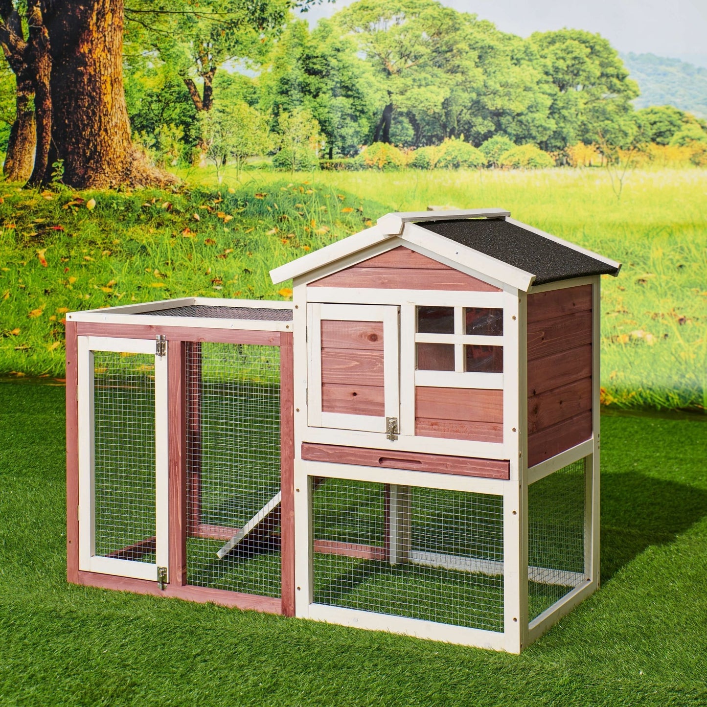 48 in. Large Chicken Coop Wooden Rabbit Hutch Auburn and White