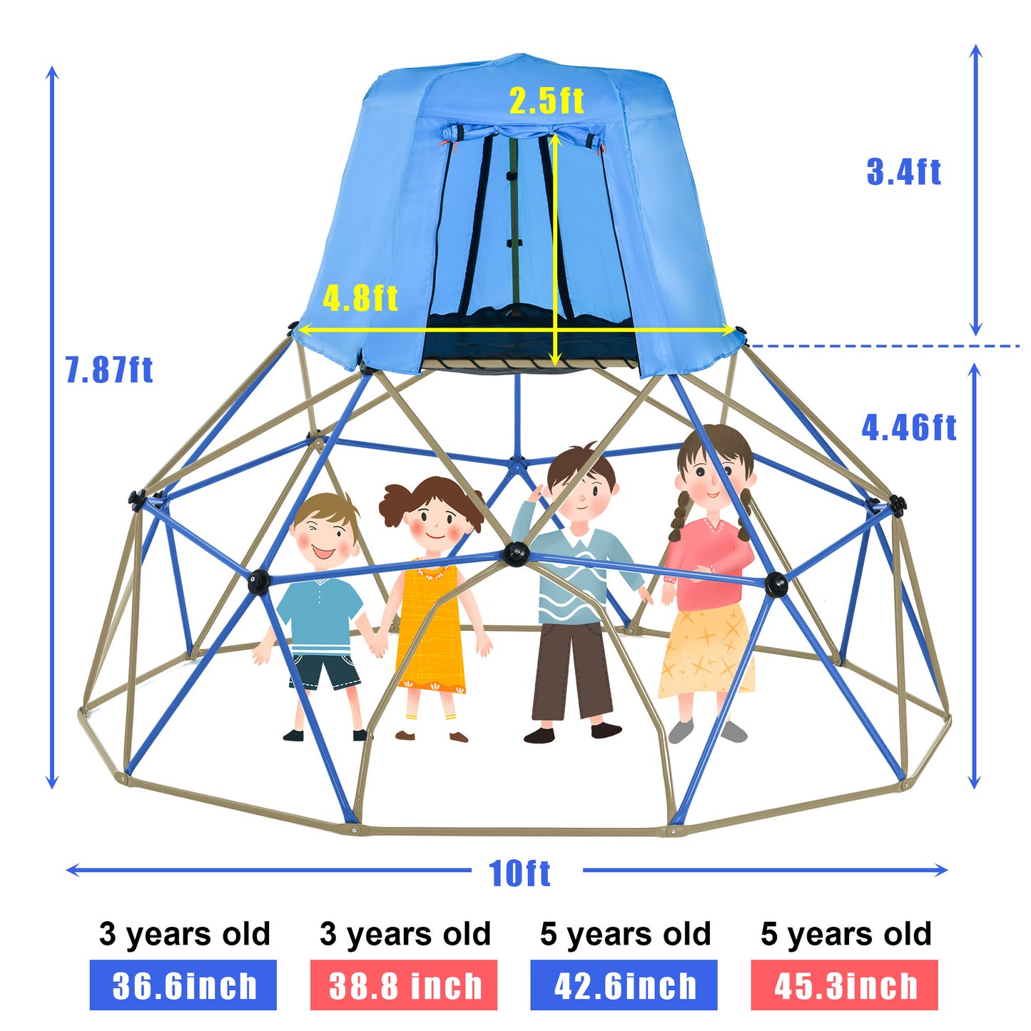 Climbing Dome with Canopy and Playmat - 10 ft Colorful Geometric Playground Jungle Gym