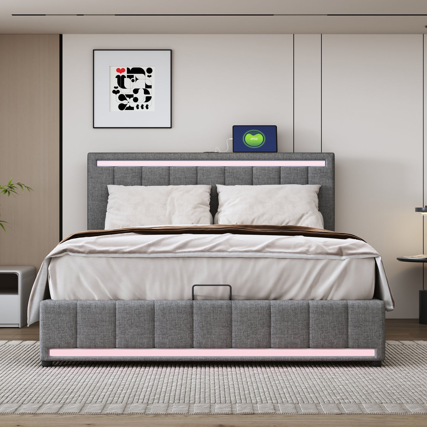 Full Size Upholstered Platform Bed with Hydraulic Storage System, LED Light, and a set of USB Ports and Sockets, Linen Fabric, Gray