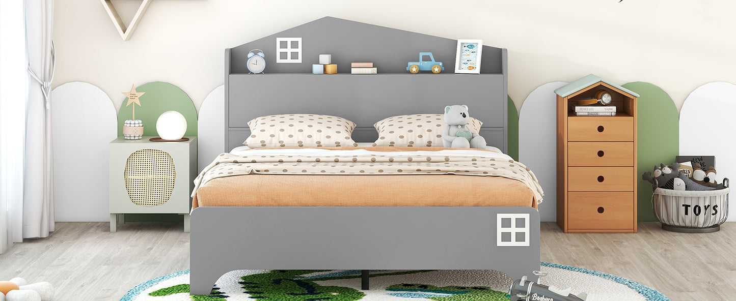 Wooden Full Size House Bed with Storage Headboard ,Kids Bed with Storage Shelf,Grey