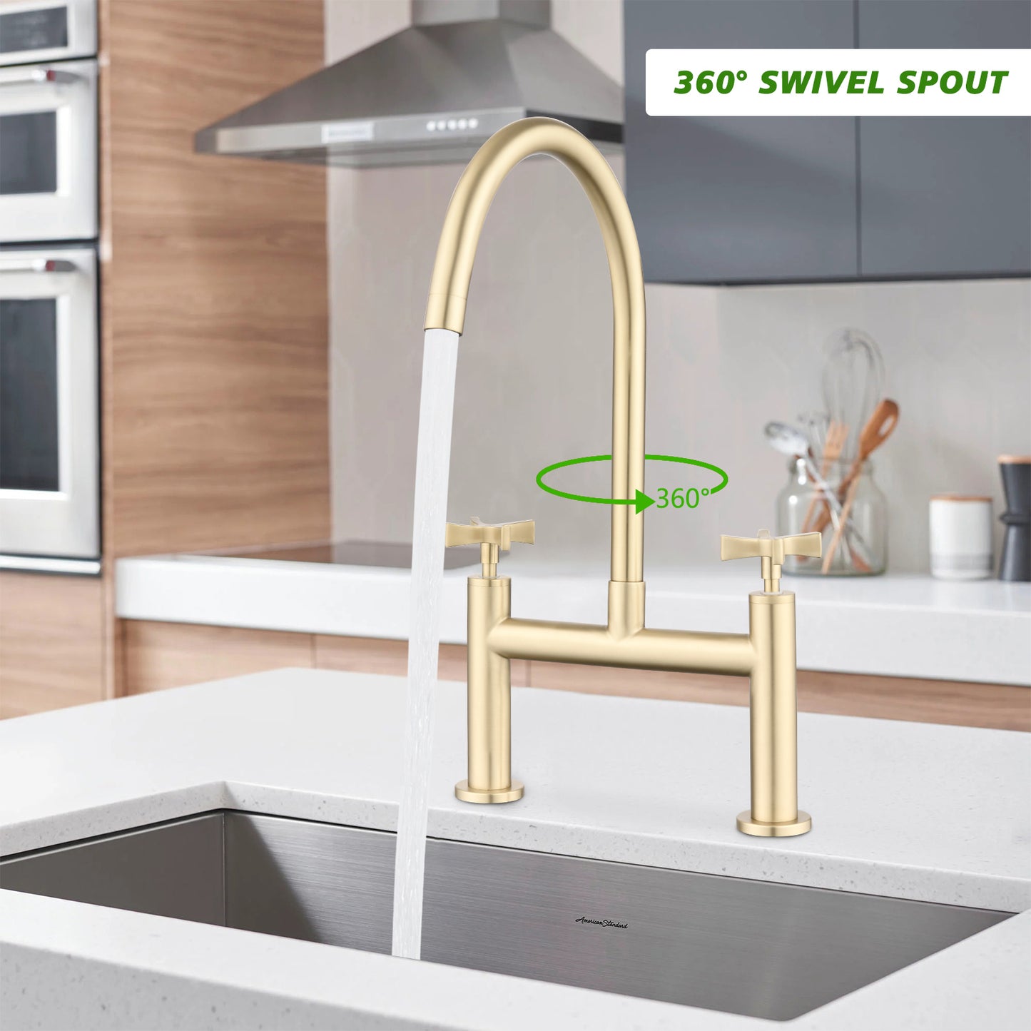 2 Handle Bridge Kitchen Faucet In Stainless Steel