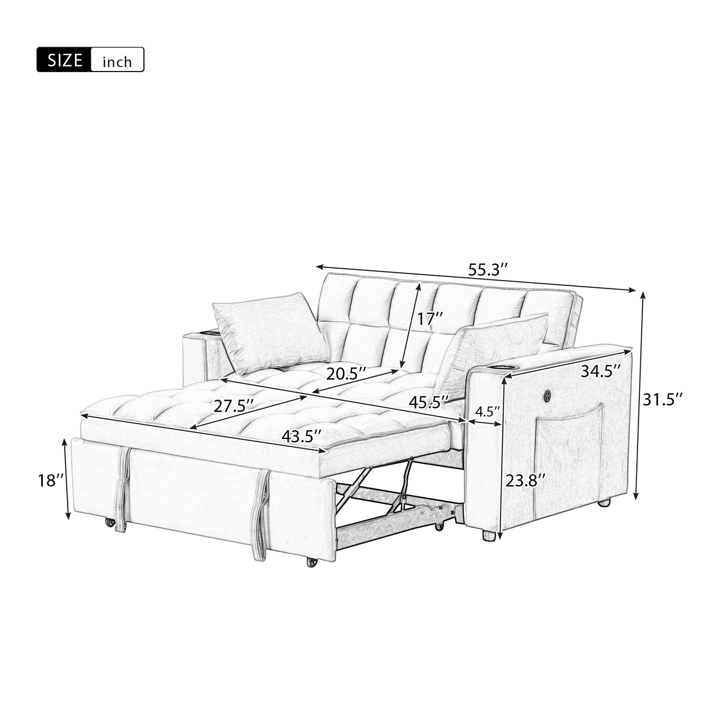 55.3 Multi-functional Sofa Bed with Cup Holder and USB Port for Living Room in Milky White