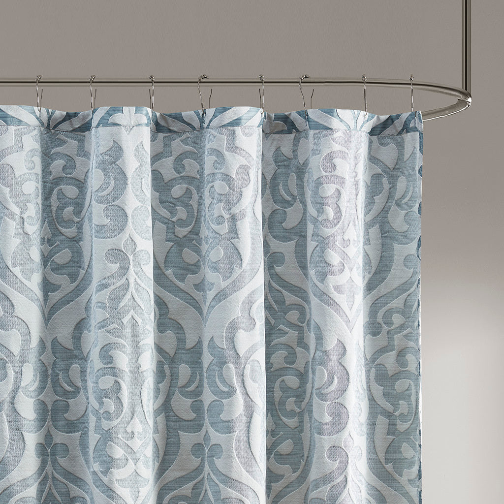 Luxurious Aqua and Silver Damask Medallion Jacquard Shower Curtain