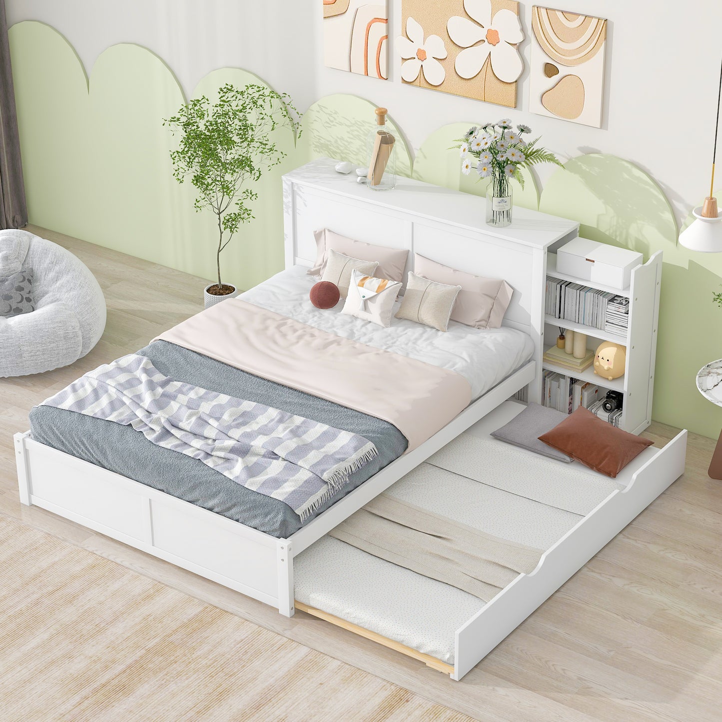 Queen Size Storage Platform Bed with Pull Out Shelves and Twin  XL Size Trundle, White