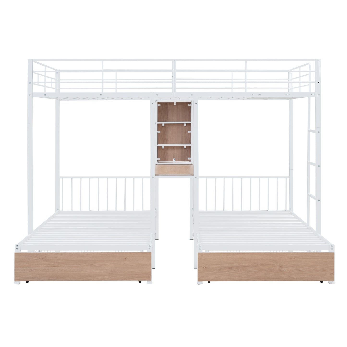 Triple Bunk Bed with White Metal Convertible Desk and Shelves