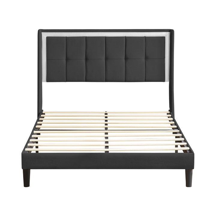 Queen Size Upholstered platform bed frame with headboard and sturdy wooden slats, high load-bearing capacity, non-slip and noiseless, no springs required, easy to assemble, dark gray bed