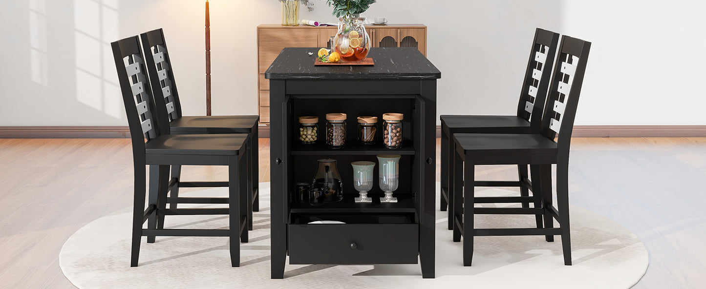 Counter Height 5-piece Dining Table Set with Faux Marble Tabletop, Solid Wood Table Set with Storage Cabinet and Drawer, Black