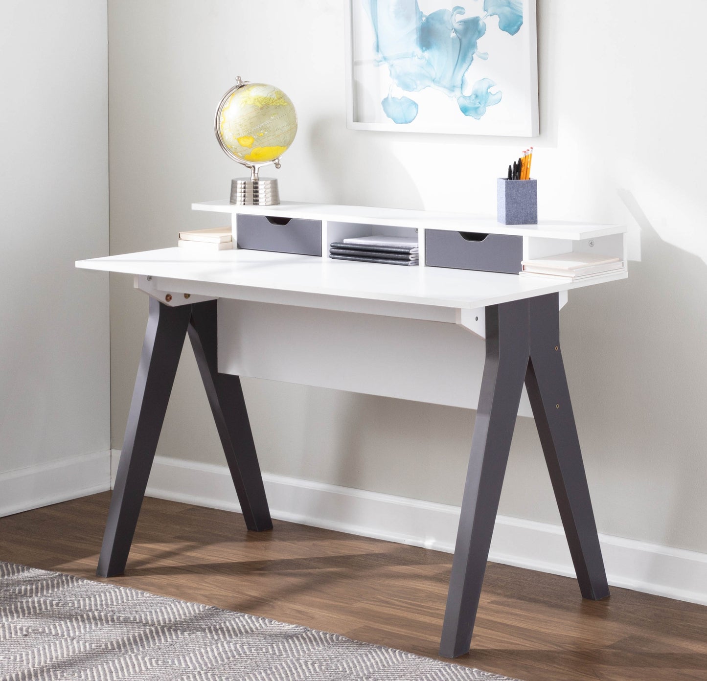 LumiSource Sleek Grey and White Wood Desk with Pull-Out Drawers