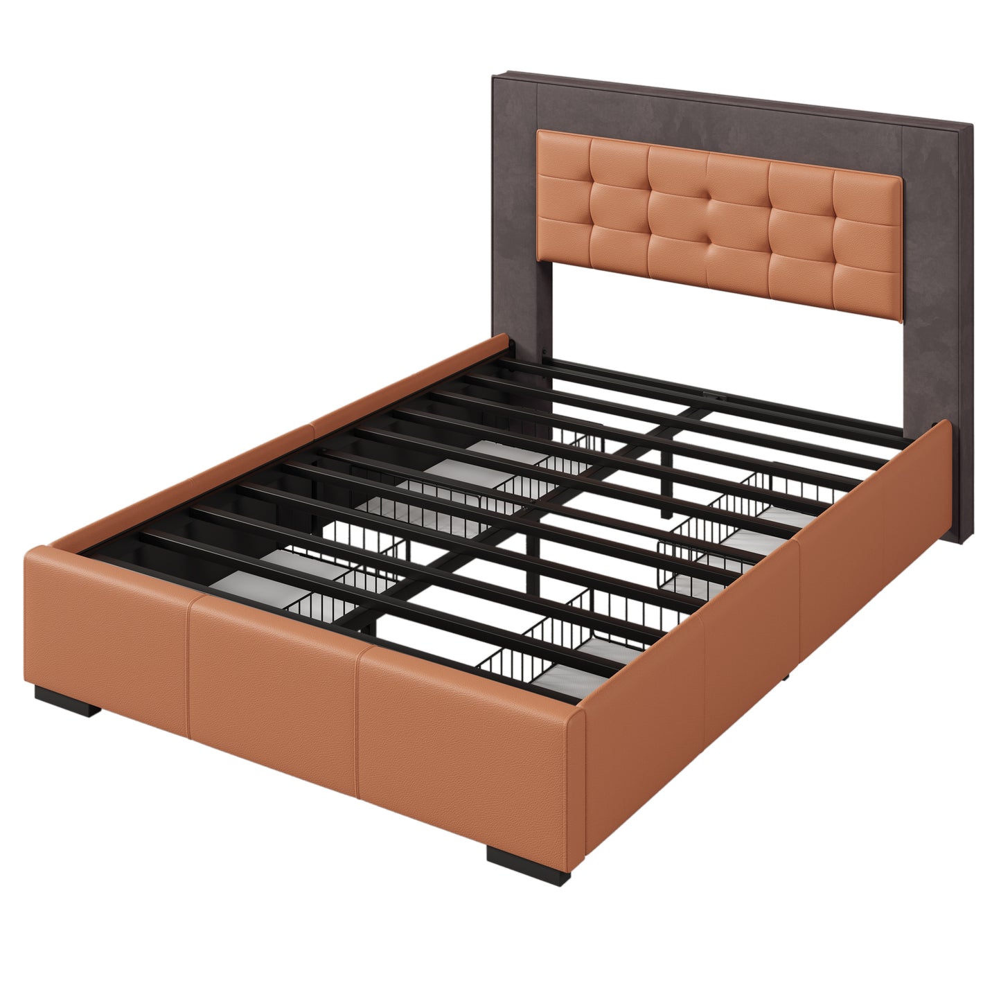 Modern Style Upholstered Queen Platform Bed Frame with Four Drawers, Button Tufted Headboard with PU Leather and Velvet, Two Color, Orange and Brown