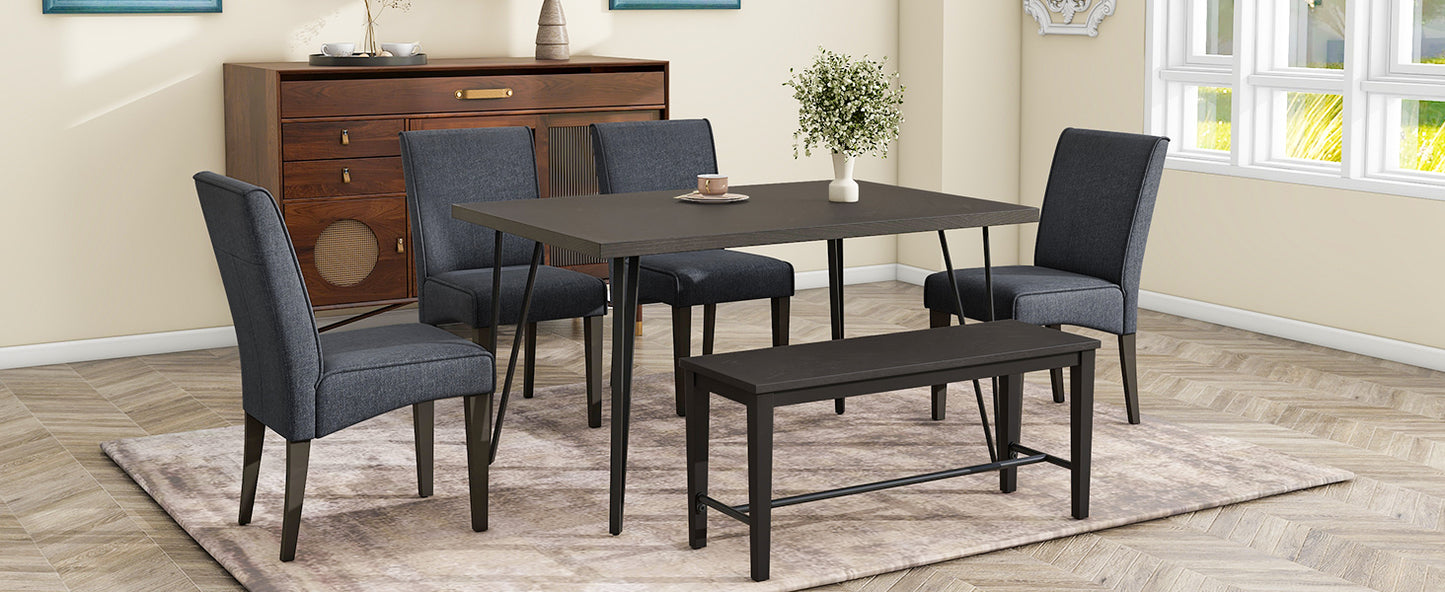 Modern 6-Piece Dining Table Set with V-Shape Metal Legs, Wood Kitchen Table Set with 4 Upholstered Chairs and Bench for 6,Espresso