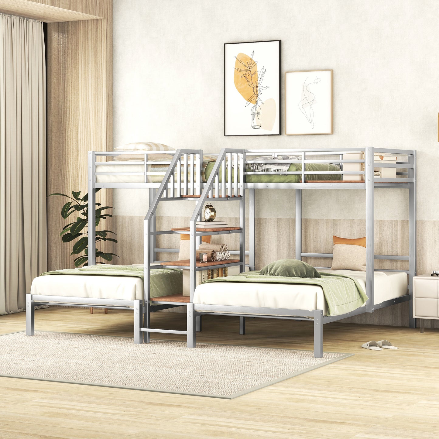 Three-Tiered Metal Bunk Bed with Storage and Staircase, Silver Twin over Twin