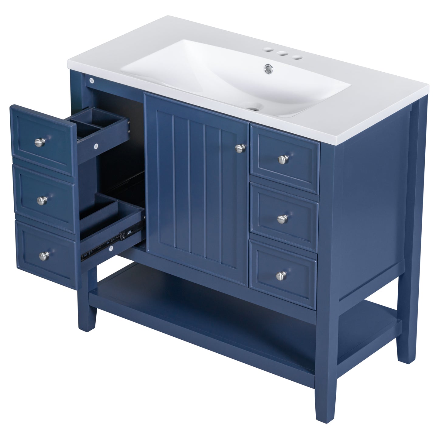 36" Bathroom Vanity with Sink Combo, One Cabinet and Three Drawers, Solid Wood and MDF Board, Blue