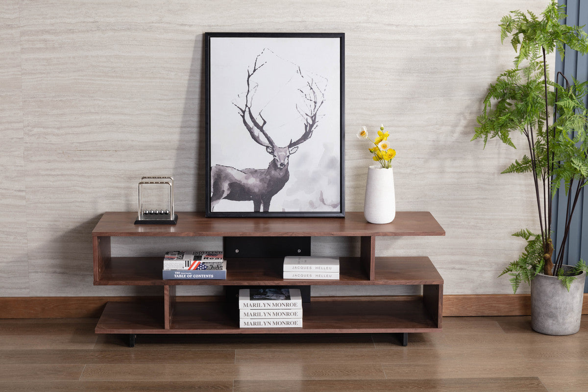 Iris Walnut Brown TV Stand with Black Legs and Two Shelves