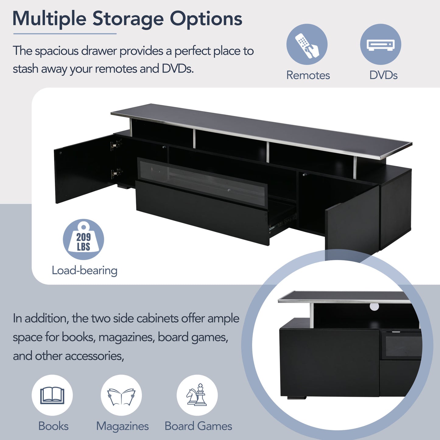 Stylish Black TV Stand with LED Lights and Acrylic Board