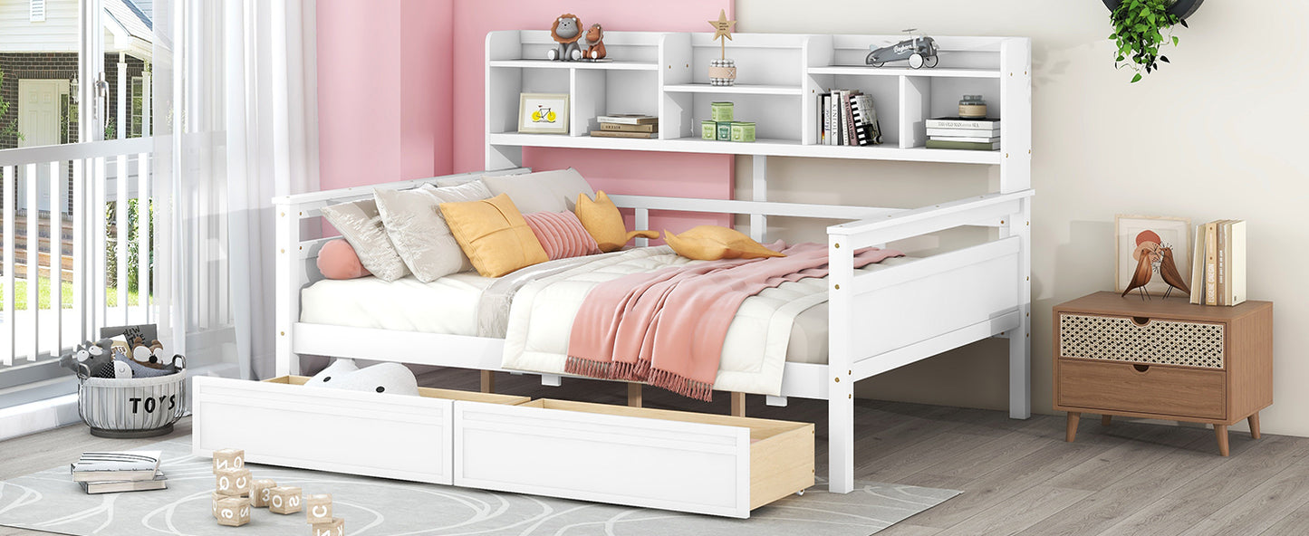 Full size Daybed, Wood Slat Support, with Bedside Shelf and Two Drawers, White
