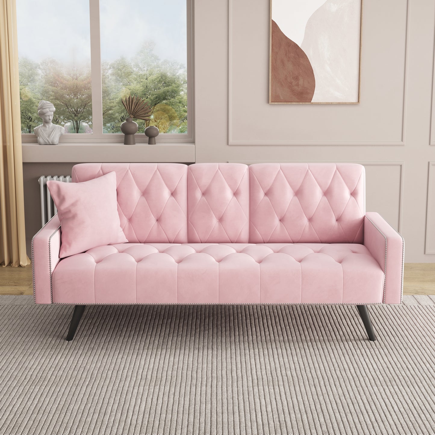 72 Pink Velvet Sofa Bed with Nail Head Trim and Two Cup Holders for Small Spaces