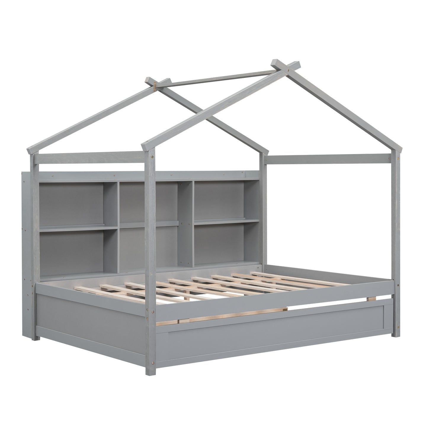 Full Size House Bed with Storage Shelves and Twin Size Trundle, Brushed Gray