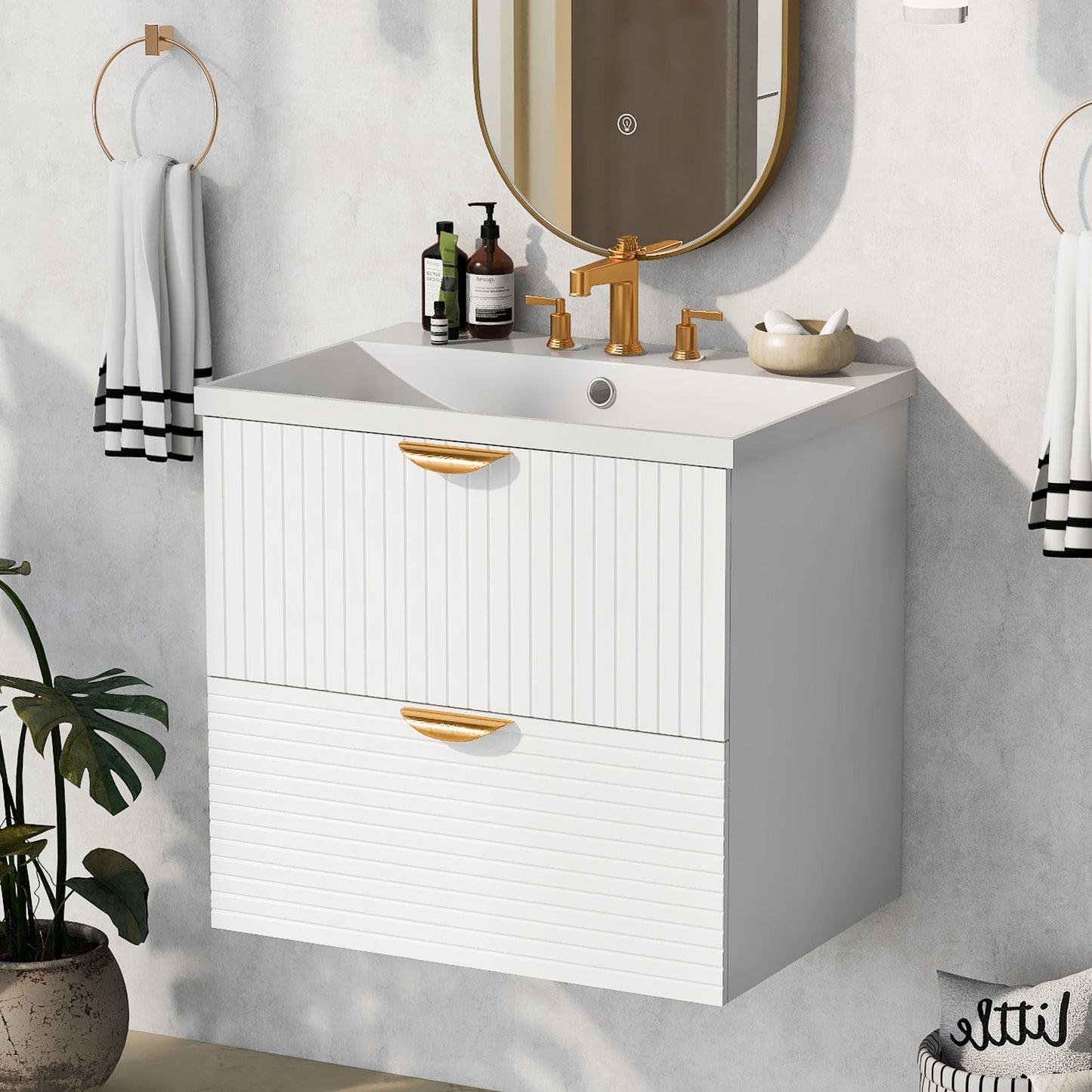 Modern 24-Inch Wall-Mounted Bathroom vanity with 2 Drawers, White  - Ideal for Small Bathrooms