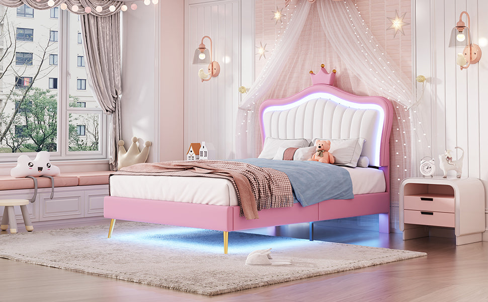 Twin Size Upholstered Bed Frame with LED Lights, Modern Upholstered Princess Bed With Crown Headboard,White+Pink