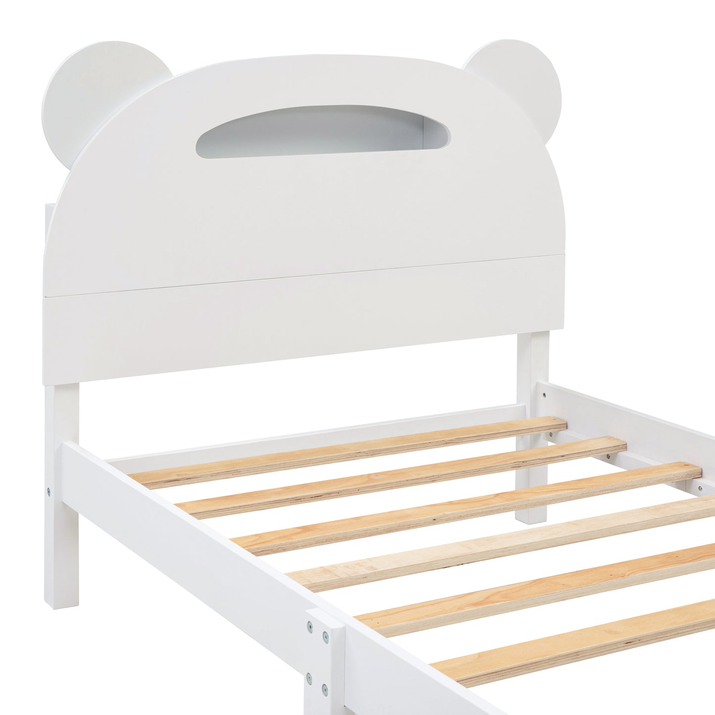 Twin Size Wood Platform Bed with Bear-shaped Headboard,Bed with Motion Activated Night Lights,White