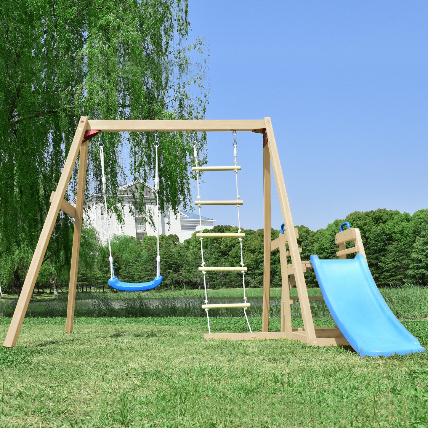 Wooden Swing Set with Slide and Climbing Rope Ladder for Toddler and Kids