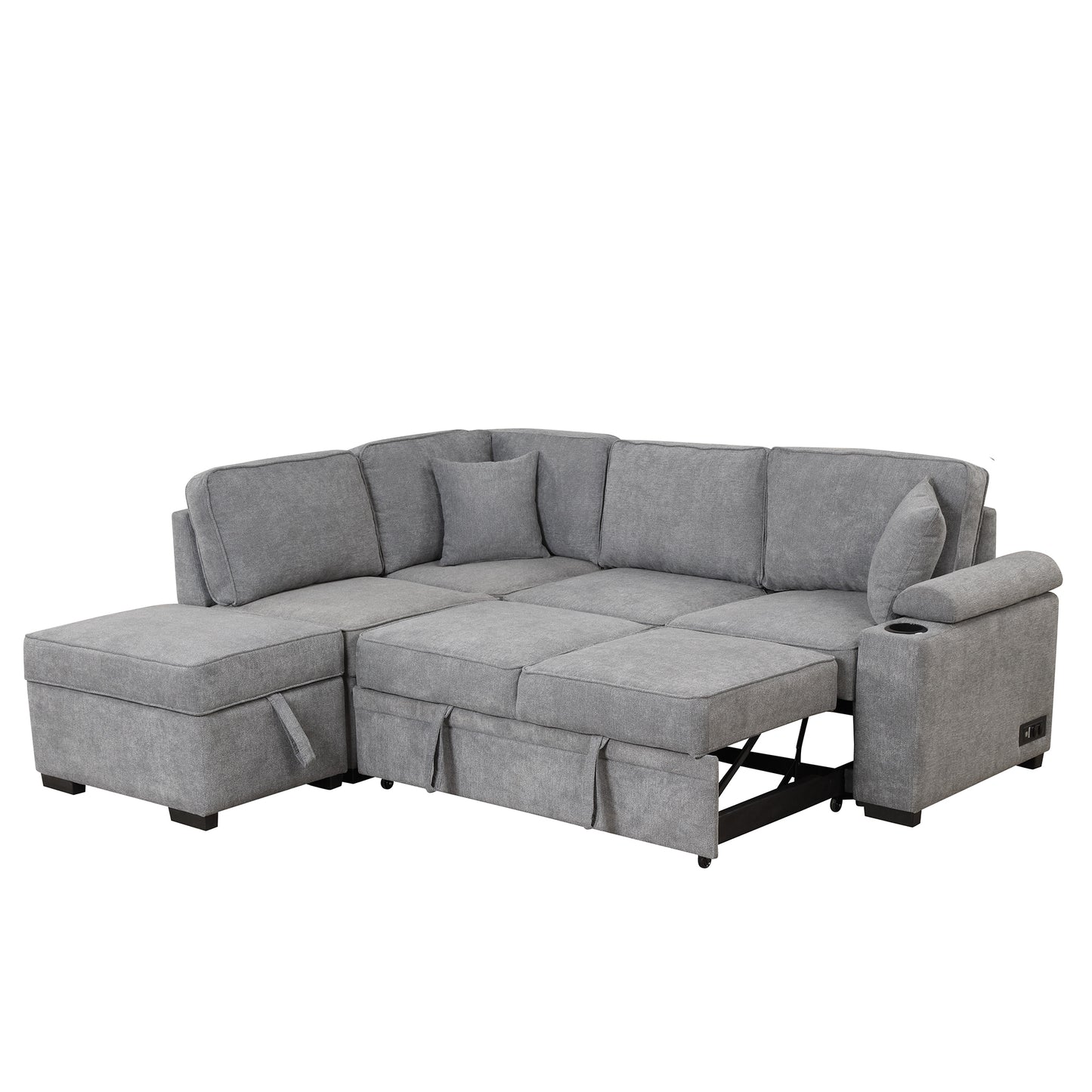 87.4 Gray L-Shaped Sleeper Sofa Bed with Ottoman Storage