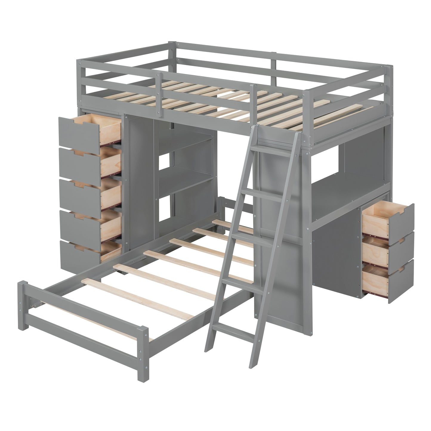 Twin Over Twin Gray Bunk Bed with LED Light, USB Ports, and Storage Space