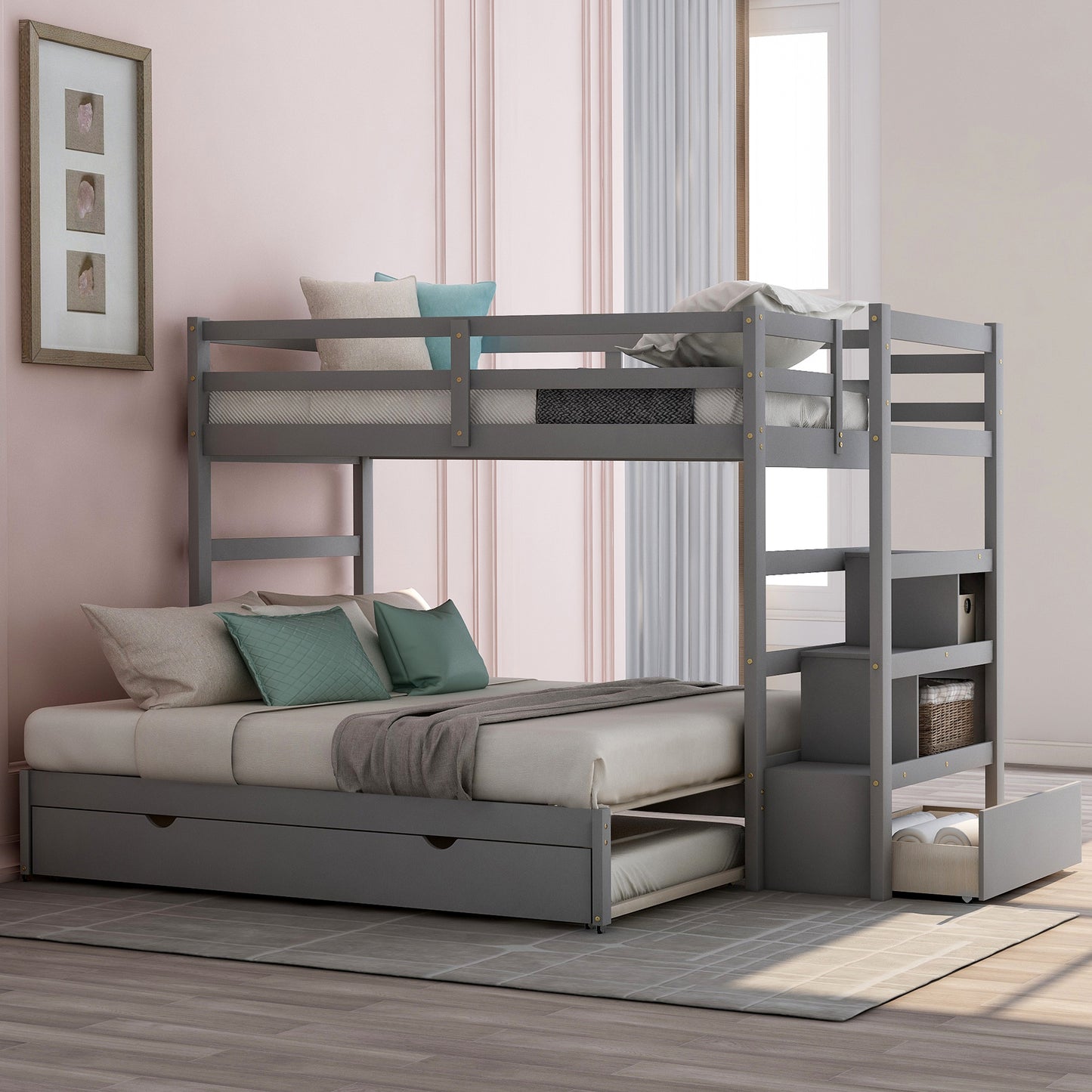 Gray Stairway Bunk Bed with Trundle and Storage