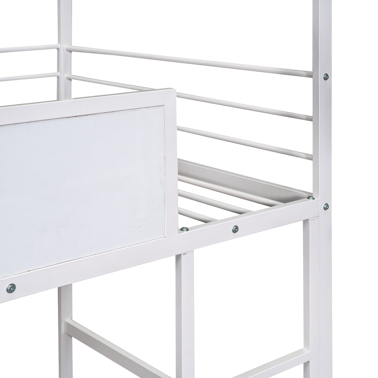 Metal House Bed With Slide, Twin Size Metal Loft Bed with Two-sided writable Wooden Board (White )