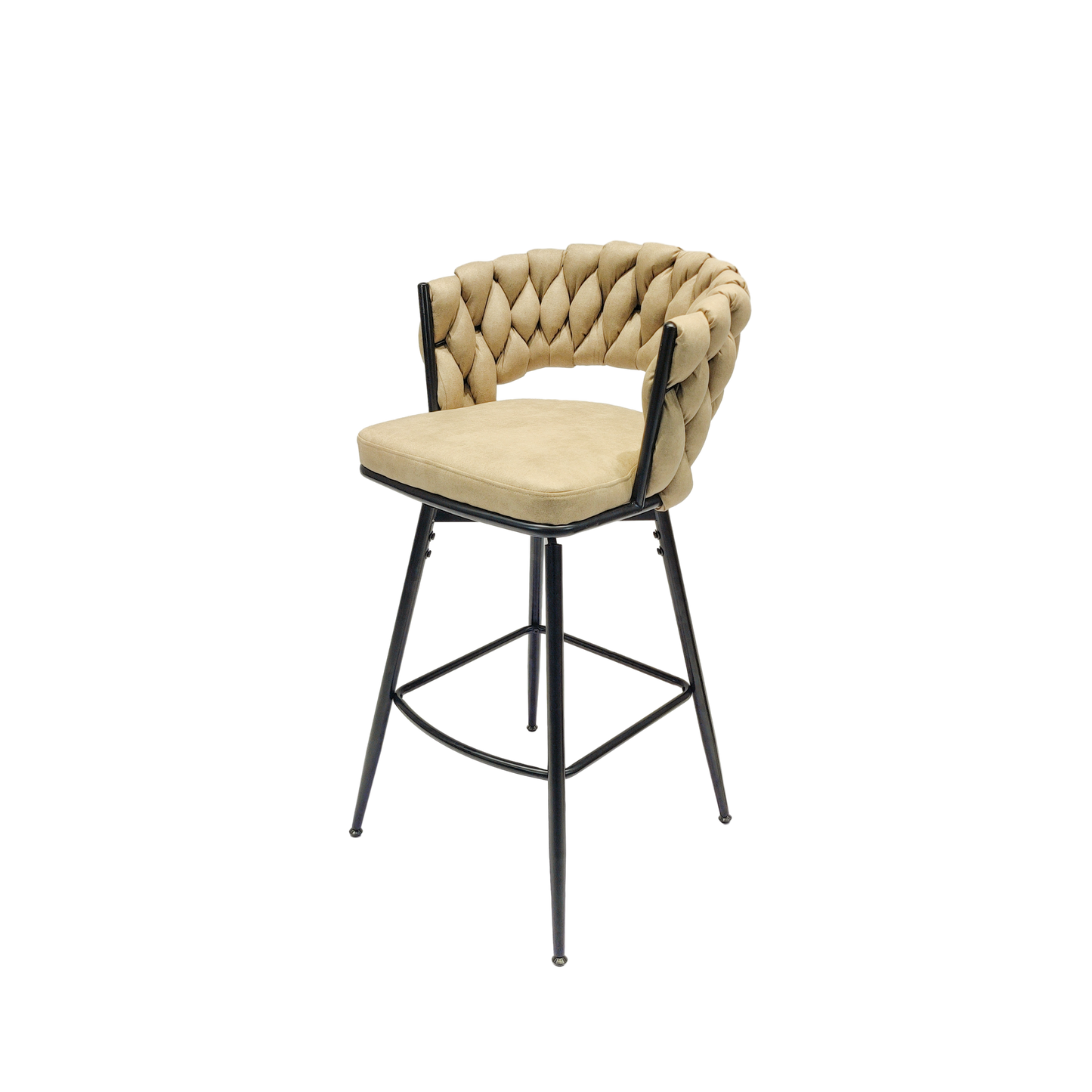 Technical Leather Woven Bar Stool Set of 2,Black legs Barstools No Adjustable Kitchen Island Chairs,360 Swivel Bar Stools Upholstered Counter Stool Arm Chairs with Back Footrest, (Light Brown)