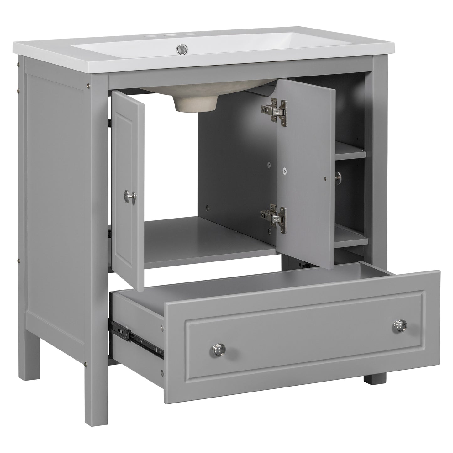 30" Bathroom Vanity with Sink, Bathroom Storage Cabinet with Doors and Drawers, Solid Wood Frame, Ceramic Sink, Grey