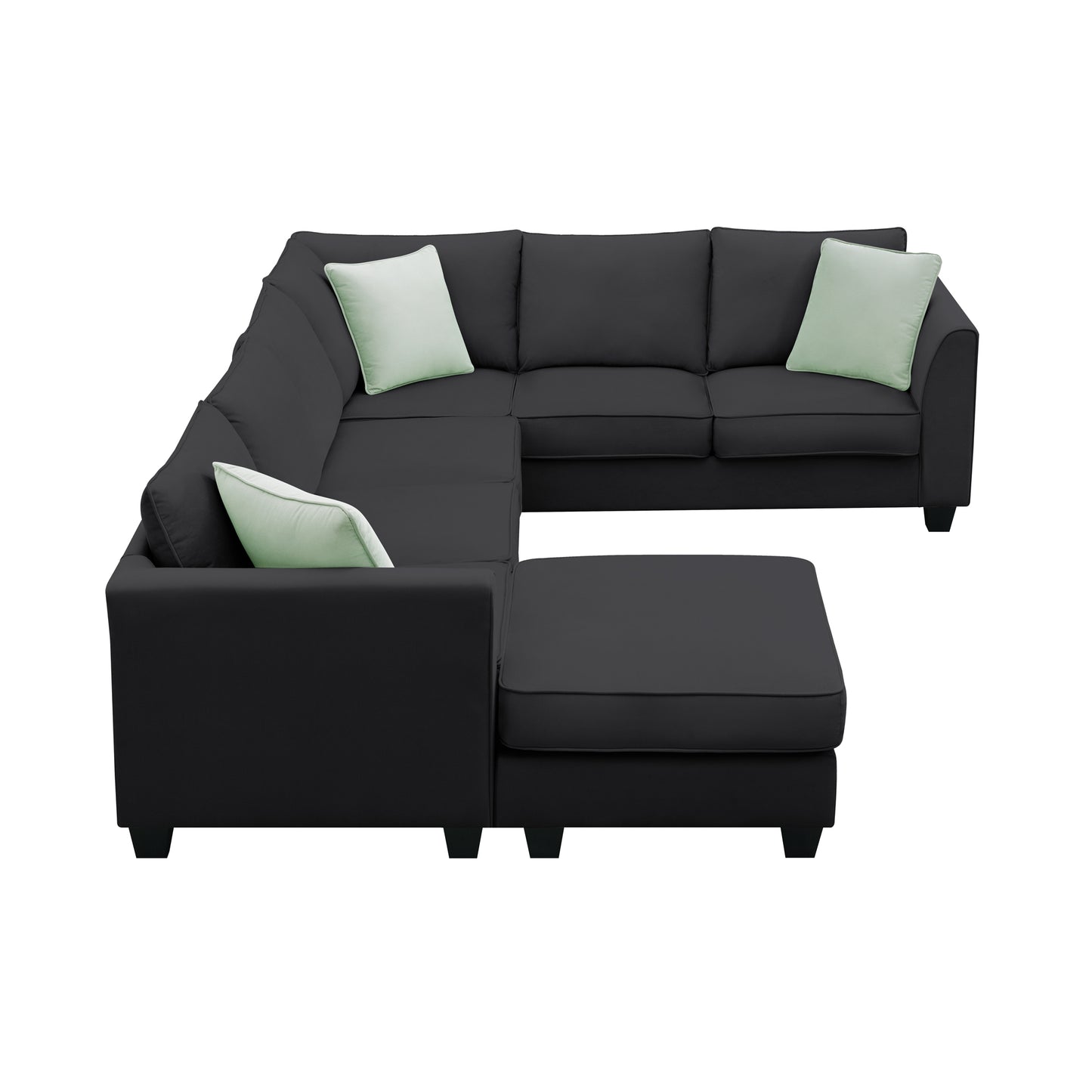 L-Shaped Black Sectional Couch Set with Ottoman and Pillows