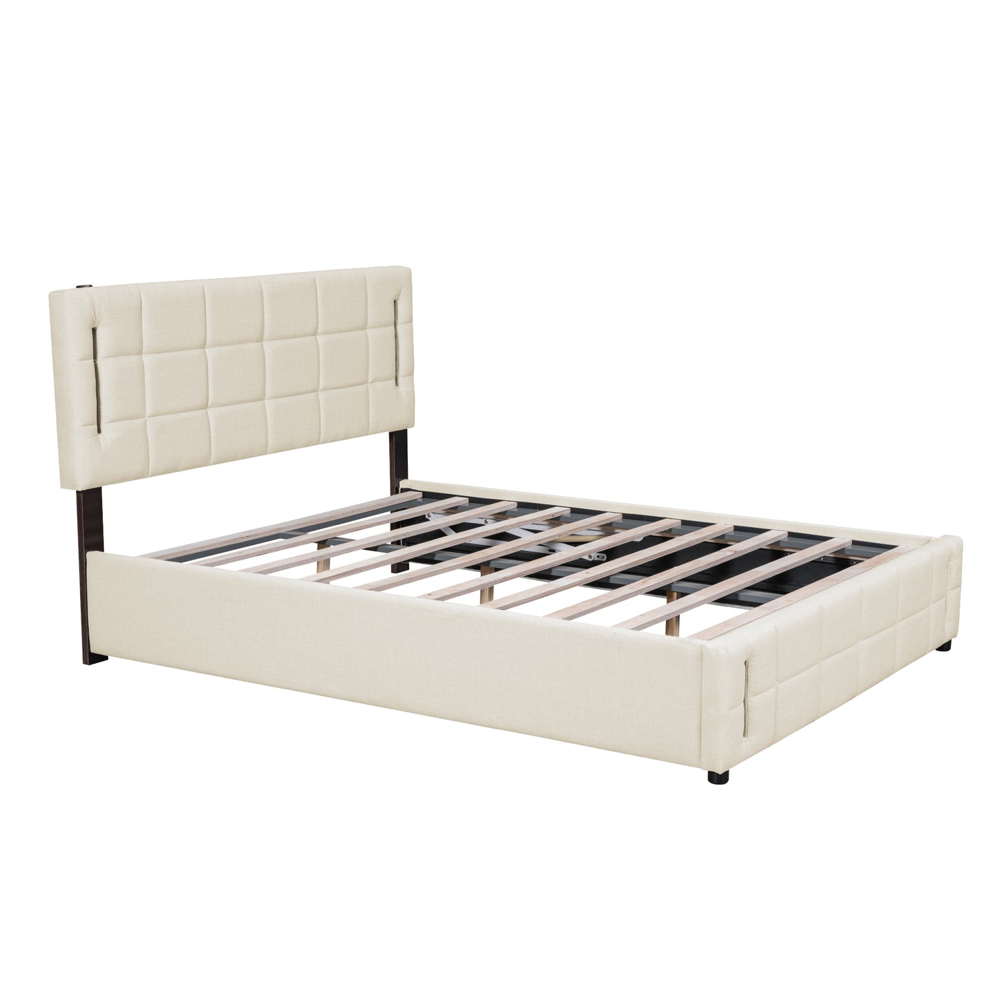 Queen Size Upholstered Bed with Hydraulic Storage System and LED Light, Beige