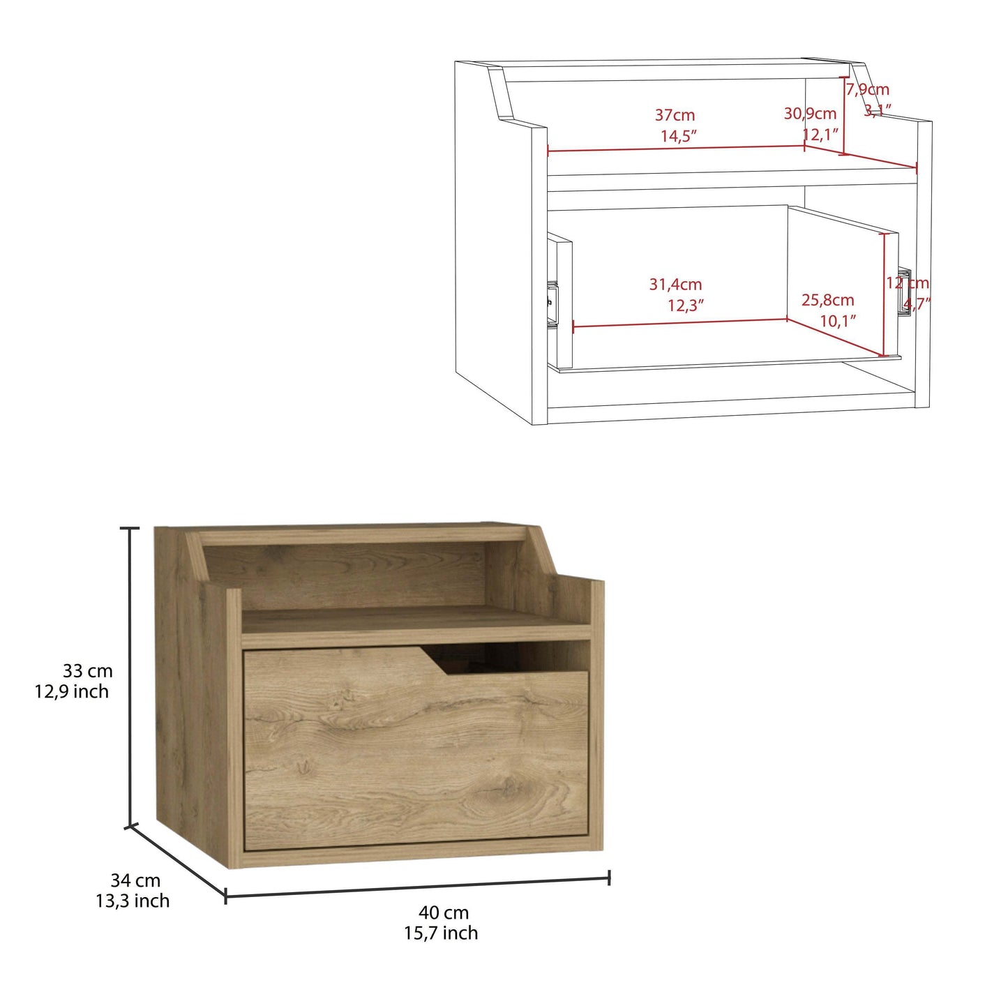 Busan Modern Floating Nightstand, Single-Drawer Design with Sleek Two-Tiered Top Shelf Surfaces- Macadamia - Bedroom