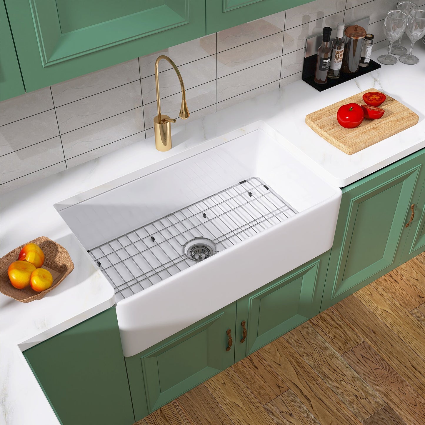 33-Inch White Fireclay Single Bowl Farmhouse Kitchen Sink with Bottom Grid and Drain