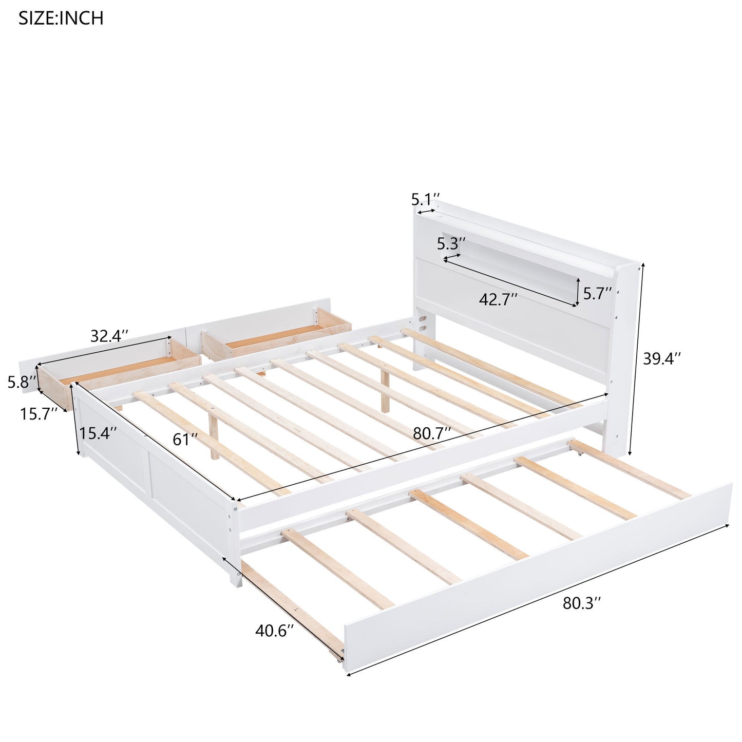 Queen Size Wood Storage Platform Bed with LED, 2 Drawers and 1 Twin Size Trundle, White