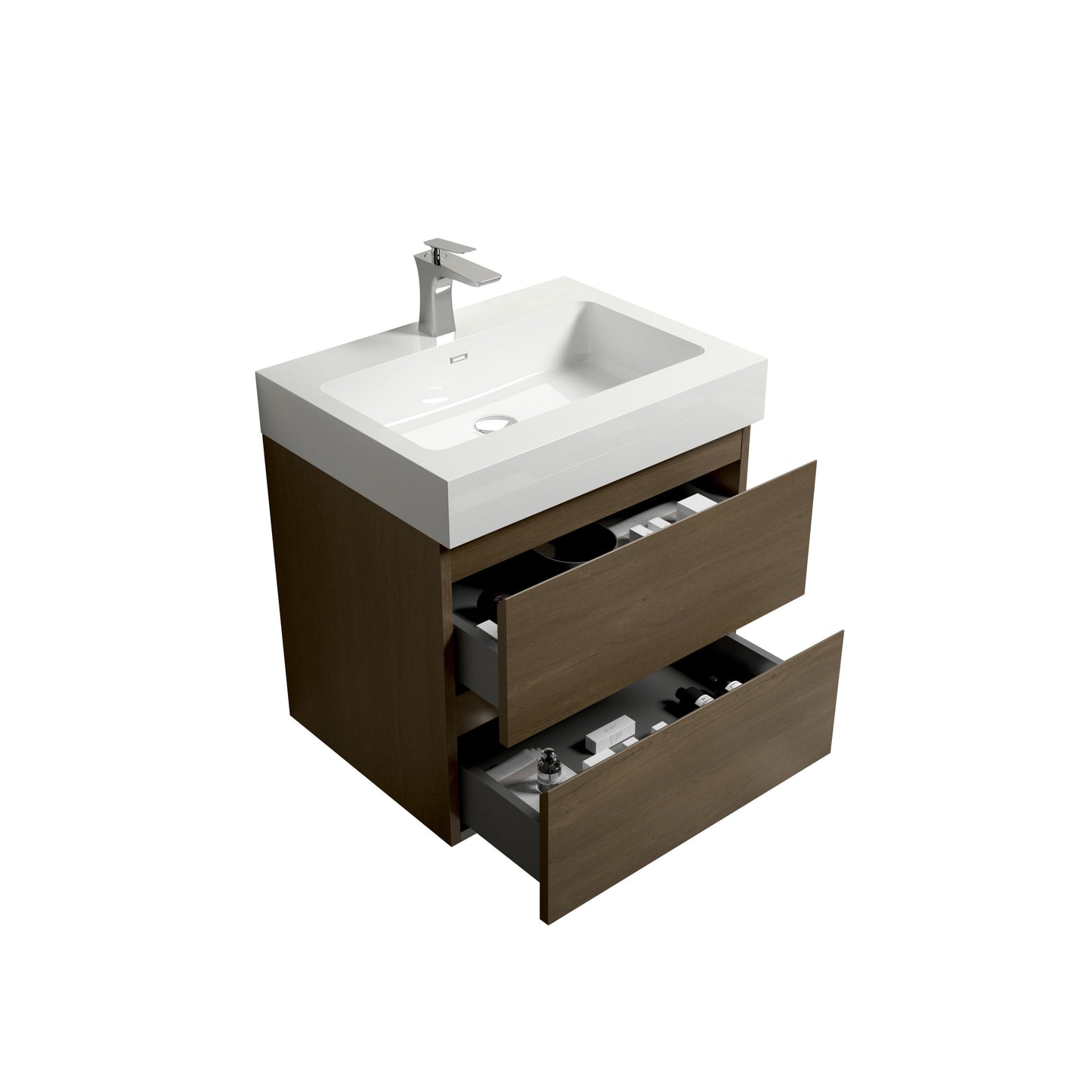 Alice-24W-111,Wall mount cabinet WITHOUT basin,Dark oak color,With two drawers