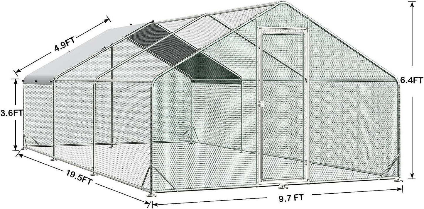 Large Metal Chicken Coop Walk-in Poultry Cage Hen Run House Rabbits Habitat Cage Spire Shaped Coop with Waterproof and Anti-Ultraviolet Cover (9.8' L x 19.7' W x 6.4' H)