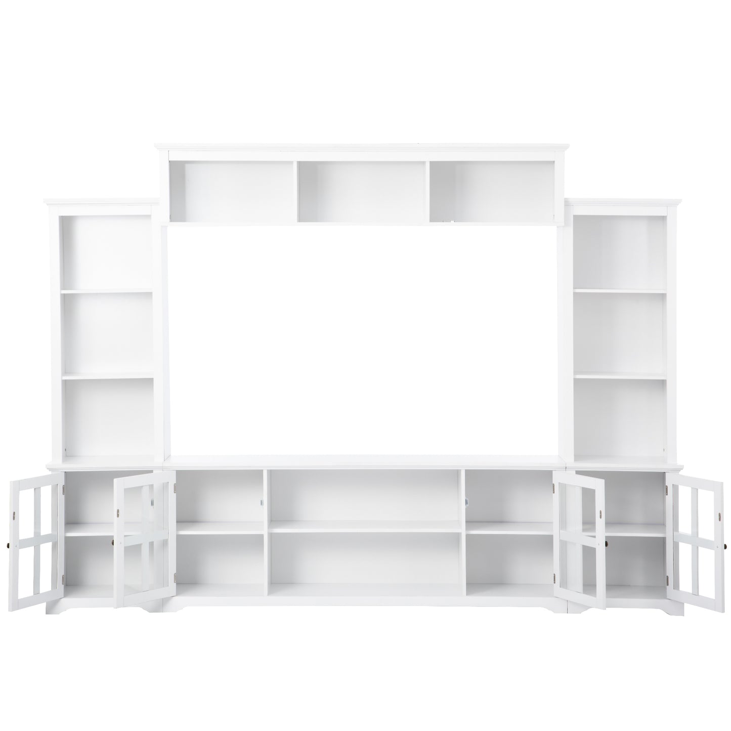 Modern White Entertainment Wall Unit with Bridge and Tempered Glass Door for TVs Up to 70