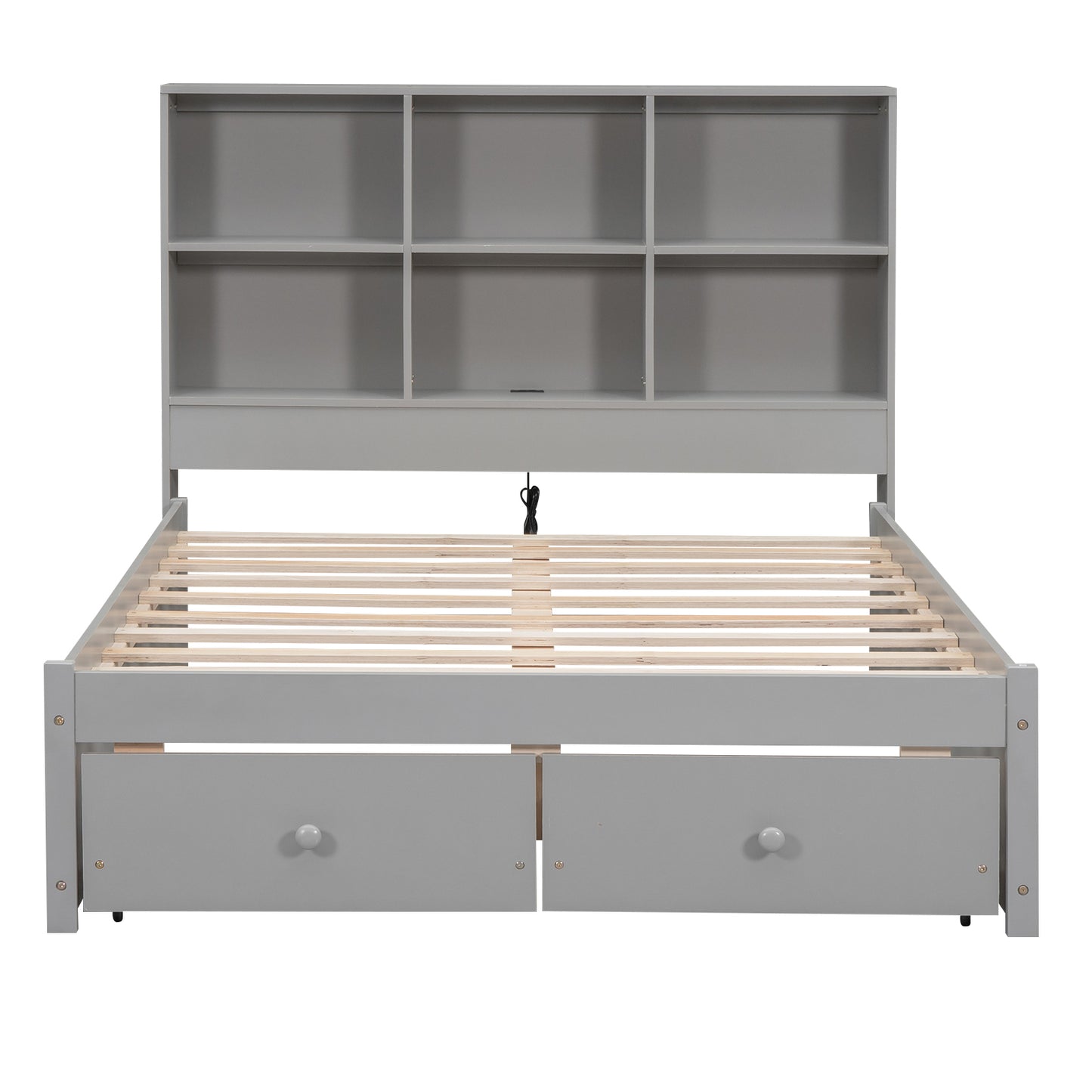 Full Size Platform Bed with Storage Headboard, Charging Station and 2 Drawers, Gray