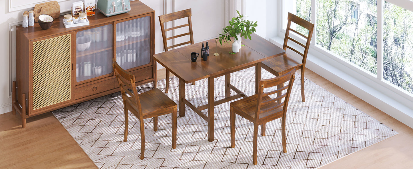 5-Piece Wood Square Drop Leaf Breakfast Nook Extendable Dining Table Set with 4 Ladder Back Chairs for Small Places, Brown